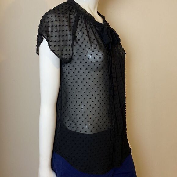 Loft Black Button Down Top Sheer Chiffon with Tie at Neckline Size XS - Picture 3 of 7